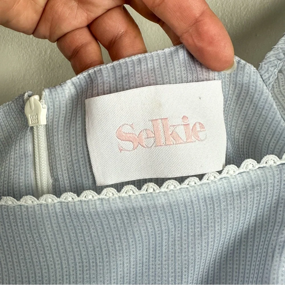SELKIE The Puff Dress Sheer Blue Babydoll Pinstripe Dress Size Small - Picture 13 of 17